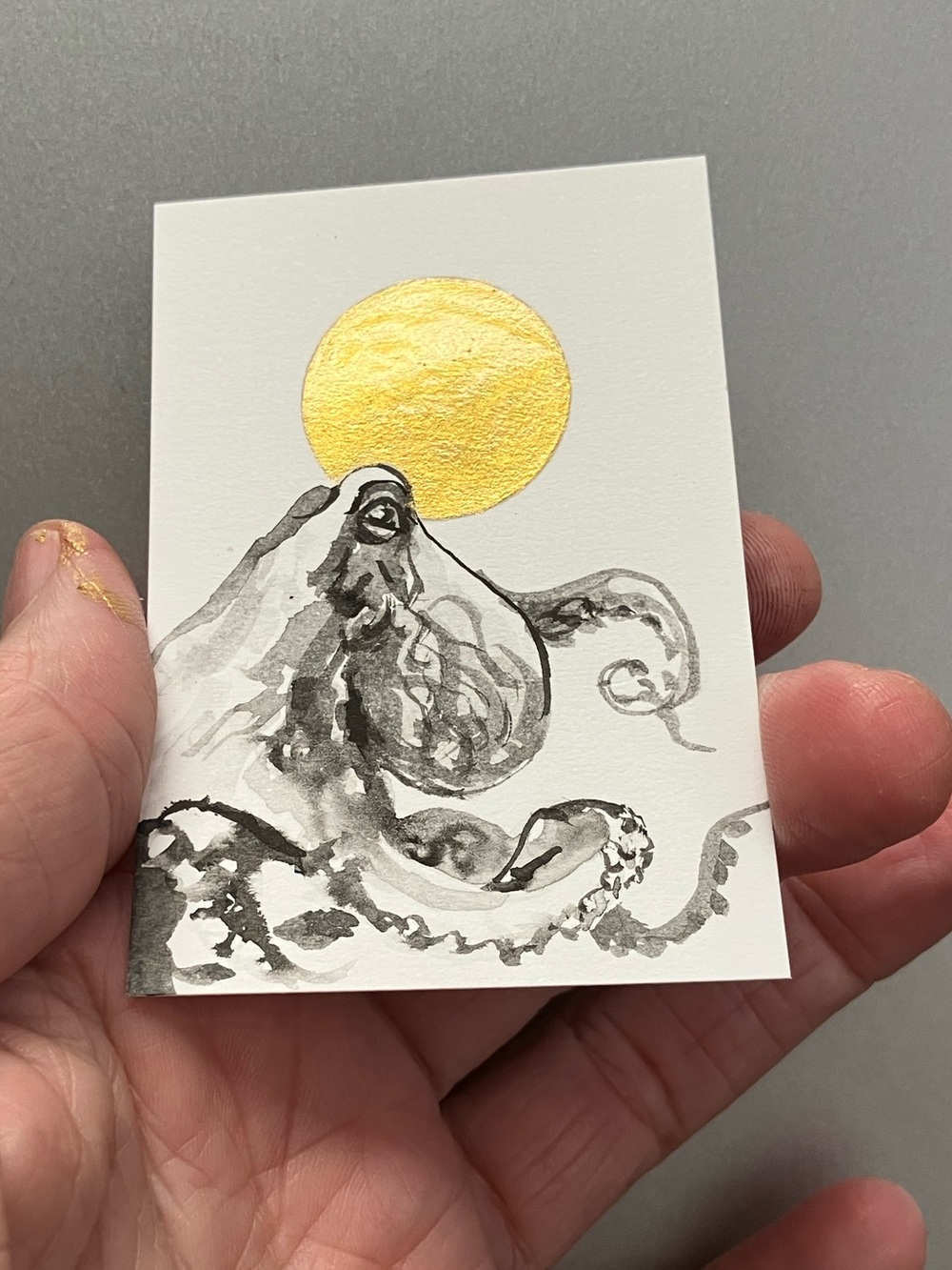 ORIGINAL octopus painting miniature realism art sumi-e gold artwork ocean USA